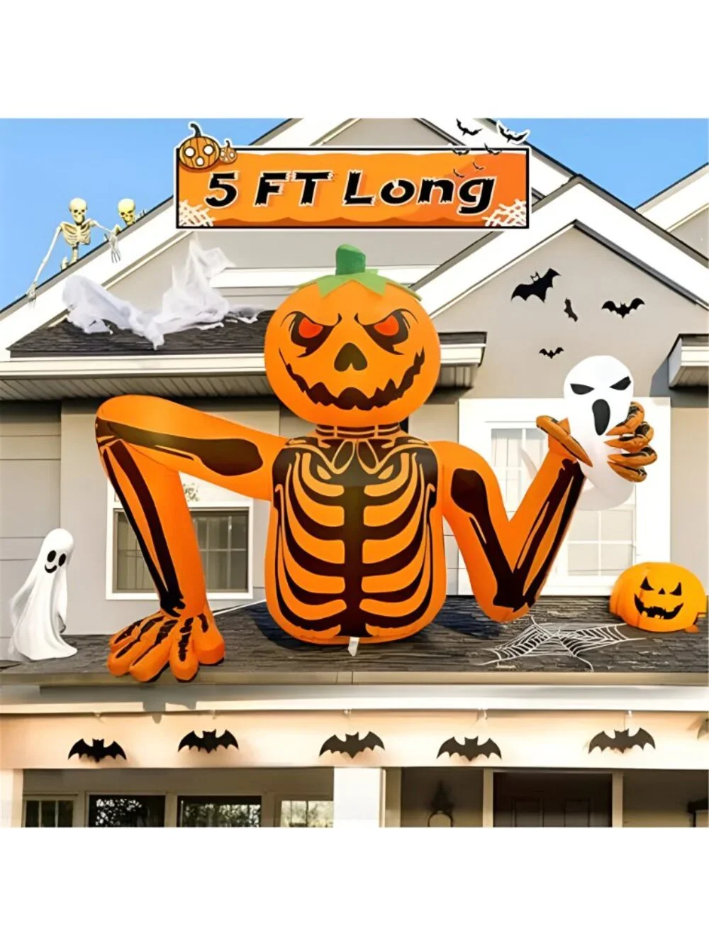 Halloween Inflatable Pumpkin Skeleton, 5FT Outdoor Halloween Decorations